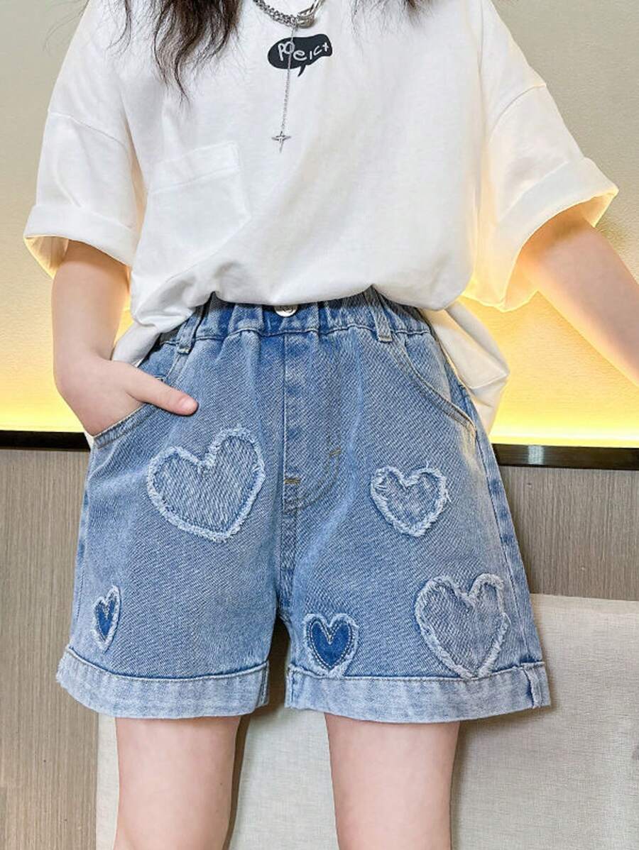 Girls' Summer Casual Denim Shorts With Heart Patches - Loose Fit Elastic Waistband, Blue Distressed Design & Functional Pockets For Outdoor Play & Casual Attire