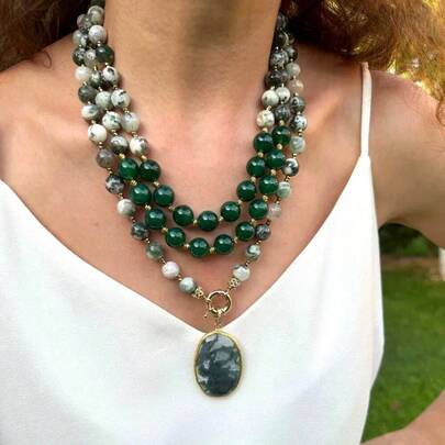 Boho Vintage Green MultiStrand Pendant Necklace Women Fashion Accessory Gift