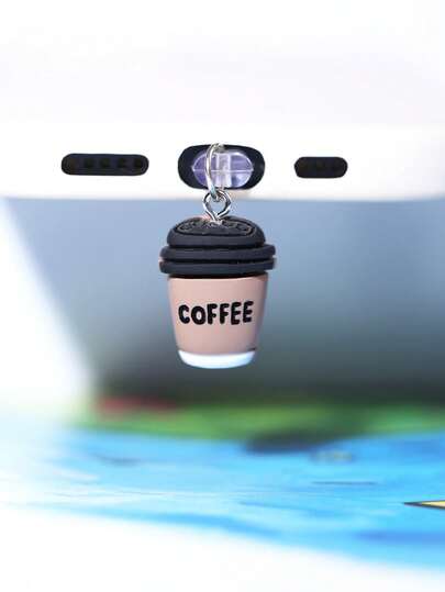 1个咖啡杯造型充电口防尘塞，创意可爱逼真3D字母咖啡树树脂吊坠挂件，透明硅胶手机耳机平板电脑Kindle防尘塞装饰，智能手机充电口装饰配件，适合作为小礼物，防水防尘，适用于手机充电口，兼容 Lightning/Type-C及其他安卓手机型号