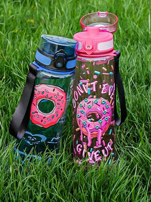 1 Stück 1000 ML / 32 OZ große Kunststoff-Wasserflasche, Donut-Thema Wasserflasche, mehrere Muster, mit Deckel und Trageriemen, auslaufsicher, geeignet für den täglichen Gebrauch von Jugendlichen, zum Mitnehmen in die Schule, für Outdoor-Sport, Fitness, Radfahren, als Urlaubsgeschenk und mehr