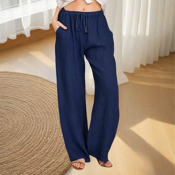 Pantalon femme taille haute en coton et lin avec cordon de serrage, pantalon décontracté à jambe large, pantalon de plage de vacances avec poches