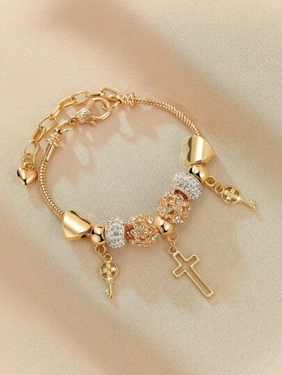 1 pieza Pulsera de mujer con cuentas con diseño de corazón, cruz y floral, con dije de cruz