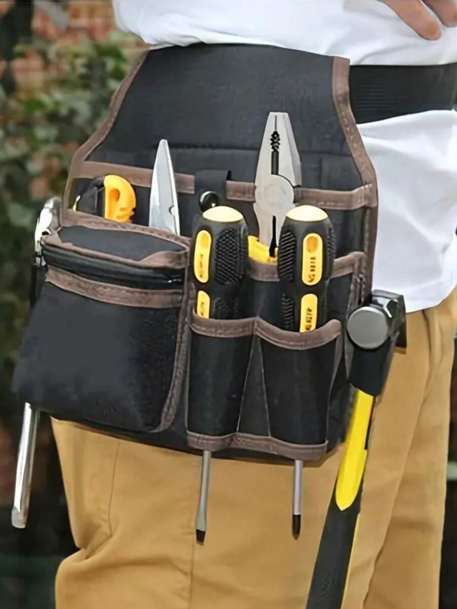 Borsa portautensili multifunzionale in tela, 1 pezzo Nero Multi, Kit di attrezzi per elettricista con cintura, borsa porta utensili per trapano, chiave inglese, cacciavite, borsa per utensili hardware, borsa portaoggetti, borsa utensili non impermeabile per elettricisti, lavabile a mano, con scomparti multipli per una conservazione ordinata di utensili, kit di riparazione, marsupio, dotata di portamartello, portapunte trapano e portaviti, borsa per attrezzi, attrezzi per elettricisti.