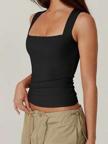 Women's Square Neck Tank Tops Sleeveless Solid Color Slim Fit Tank Tops Summer Shirts - 黑色 - 查看 2