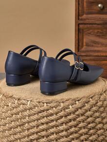 MonaNise Women's 3cm Cloth Heeled Black Fashion Versatile Navy Blue, Coffee, Burgundy Chunky Heel Mary Jane Shoes, All Season - Navy Blue - View 6