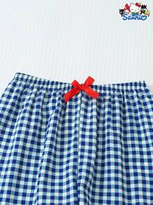 Sanrio 两件套春夏女式三丽鸥Hello Kitty蓝白格子长袖纽扣口袋上衣和蝴蝶结长裤睡衣套装，适合居家穿着，秋冬皆宜。