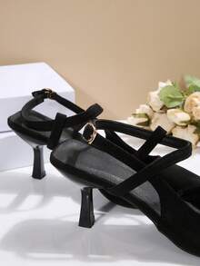 Sandalias elegantes y sensuales para mujer con punta afilada, hebilla y tacón fino, zapatos de tacón elegantes para mujer, zapatos de tacón con punta redonda y talón abierto, ideales para fiestas, reuniones y eventos. - Negro - Ver 7