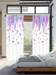 2 件人造丝 3D 数码印花紫藤、蜂鸟、蝴蝶薄纱窗帘，适用于办公室、家居、客厅、卧室，非常适合情人节和日常使用