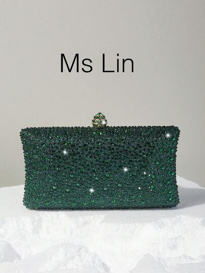 1 pieza Bolso de mano con cristales brillantes de doble cara en color verde, con cadena cruzada de metal. Elegante y de moda, adecuado para ocasiones formales, ideal para novias. Combina perfectamente con vestidos de novia, vestidos de gala, vestidos de fiesta, vestidos de cumpleaños y vestidos de graduación.