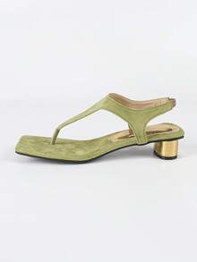 Giày sandal mũi vuông thời trang nữ, món đồ không thể thiếu cho mùa hè, thiết kế mũi vuông bằng da lộn màu xanh lá cây, gót vừa phải thoải mái, hoàn hảo cho kỳ nghỉ và phong cách đường phố. - màu xanh lá - Xem 6