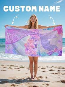 Toalha de praia personalizada com nome e cauda de sereia - Design de praia, toalha de banho superabsorvente e de secagem rápida, perfeita para praia, natação, camping e viagens, essencial para praia | Tema animal | Toalha de poliéster, acessórios de praia, adequada para todos os feriados