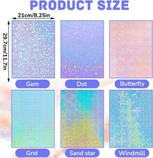 36 Sheets A4 Holographic Paper Sticker Transparent Waterproof Self Adhesive Film 11.X 8.3 Inches (Gem,, Colorful,) - 寶石,圓點,蝴蝶,網格,沙星,風車 - 查看 3