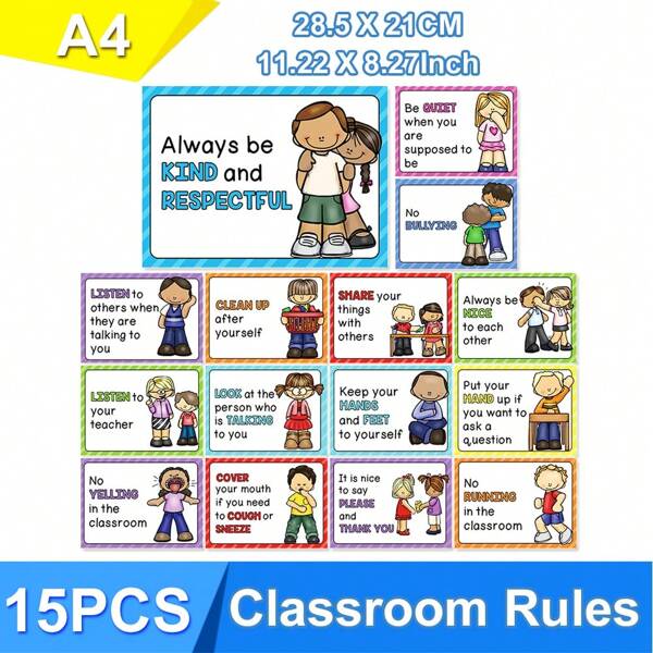 15 Stücke Unterrichtsregeln Poster Bildungsvorgaben für Vorschule, für Klassenzimmer, Tagespflege, Homeschooling, Kindergarten Wandbild, Pinnwand Klassenmanagement - Etablieren erwarteten Verhaltens, Entwickeln guter Gewohnheiten Schulbedarf (A4 Größe)