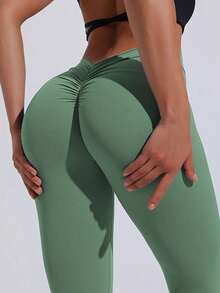Ladies' Heart-Shaped Pull-Up Yoga Pants, Sexy Solid-Colored Short Leggings, Tight Pants, Sports Long Pants, With Ruffled Details, Elastic Fiber Knitted Fabric, Outdoor Sports All-Season Elastic Fitness Sportswear, Casual Sports Slimming And Shaping Exercise Running
