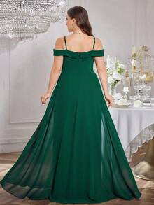 UNITHORSE Plus Size Women Solid Color Chiffon Ruffle Cross Waist Dress, Elegant Bridesmaid Dress - Dark Green - View 2