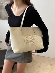 大容量时尚女士单肩包方形腋下包斜挎包大学生学院风背包新款欧美印花托特包批发大容量方形拱形提手女士单肩包 - 白色 - 查看 3