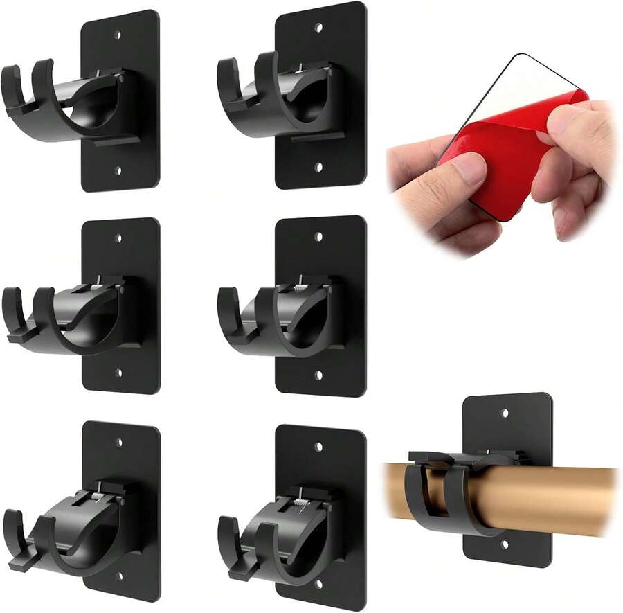 6-Pack Curtain Bracket Holders, Universal Self-Adhesive Wall Mounts, Fits 0.6'' To 1.5'' Rods, Black - 黑色 - 查看 1