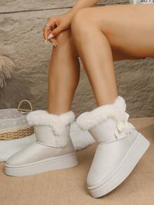 Women's Thick Sole Winter Snow Boots, Bow,Fuzzy Lining, High Quality Material, Elegant Casual Fashion Style, Runs Small, Plus Size Ankle Boots,Women's Fashion Boots