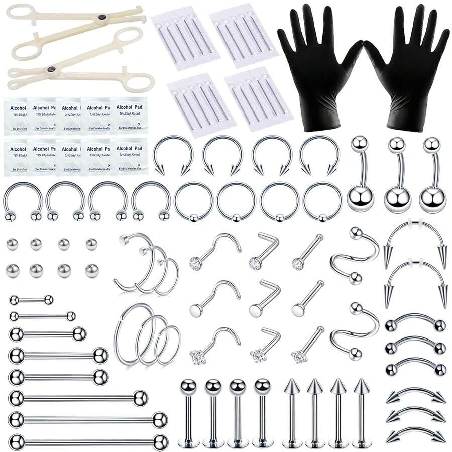 Juego de 94 piezas de kits de perforación mixtos para todo tipo de perforaciones corporales, que incluye joyas y agujas de acero inoxidable de calibre 14, 16 y 20 con herramientas para la nariz, el tabique nasal, los labios, las orejas, el ombligo, el cartílago y la trágica - Multicolor - Ver 1