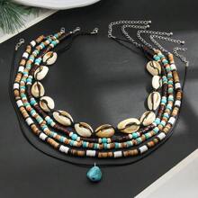 5pcs/Set Fashionable Women Vintage Style Shell, Turquoise & Coconut Shell Necklace Accessory, Beach Vacation Travel Decoration