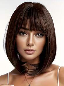 12 Inch Heat-Resistant Deep Brown Bob Wig, With Bangs, Straight Hair, Easy To Style, Suitable For All Occasions For Women