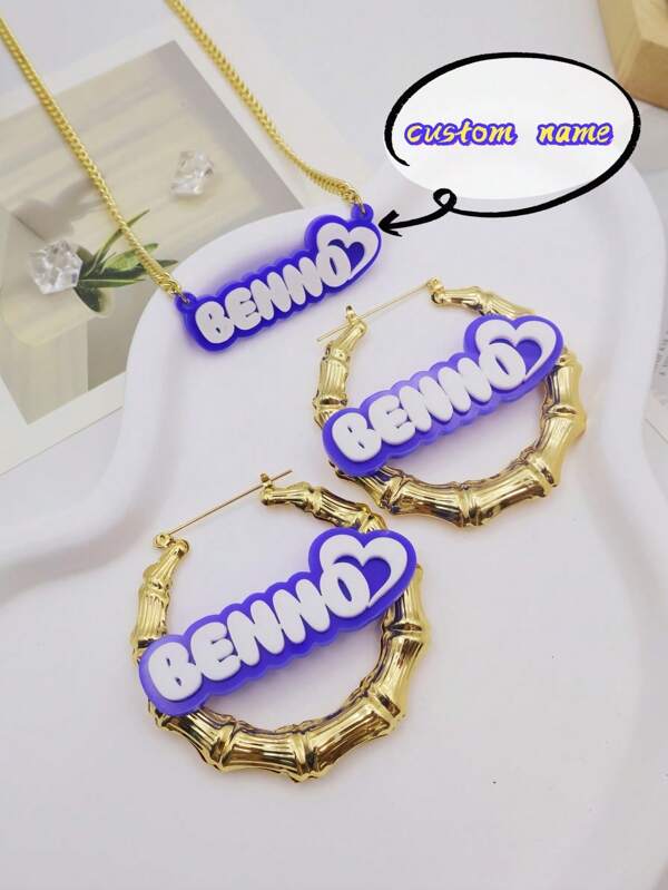 1PC Custom Acrylic Name Necklace And Earrings Set, Colorful Name Earrings, Personalized Acrylic Lettering, Hip Hop Classic, Heart Theme, Gift For All Seasons, 60mm Round Bamboo Cuban Link Chain 45cm