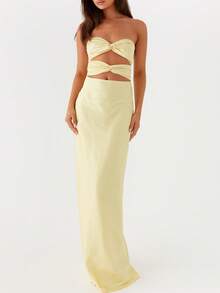 Women Cutout Tube Long Dress Strapless Bodycon Maxi Dress Bandeau Backless Dresses Summer Holiday Beachwear - 黃色 - 查看 2
