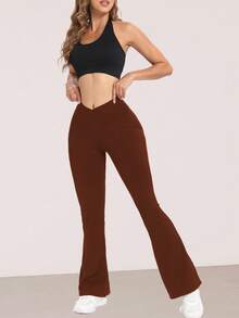RUNONWHEELS 5 High Waist Flare Yoga Pants, Women Butt Lifting Tight Leggings, Women High Waist Criss-Cross Flare Tight Pants - Brown - View 3