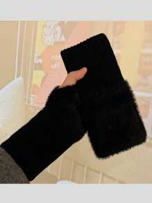 2 Pairs Unisex Solid Color Cute Fuzzy Half-Finger Gloves, Warm Outdoor Cycling Mittens With Wrist Protection For Autumn/Winter, Suitable For Daily Use
