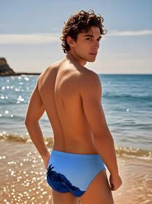 1pc Men's Tropical Print Swimsuit, Breathable Beach Party Swimming Trunks