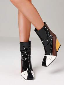 Women's Chunky Heel Ankle Boots Fashion Slip On Patent Leather Rivet Short Boots Square Toe Back Zipper Biker Boots For Women - 拼色 - 查看 4