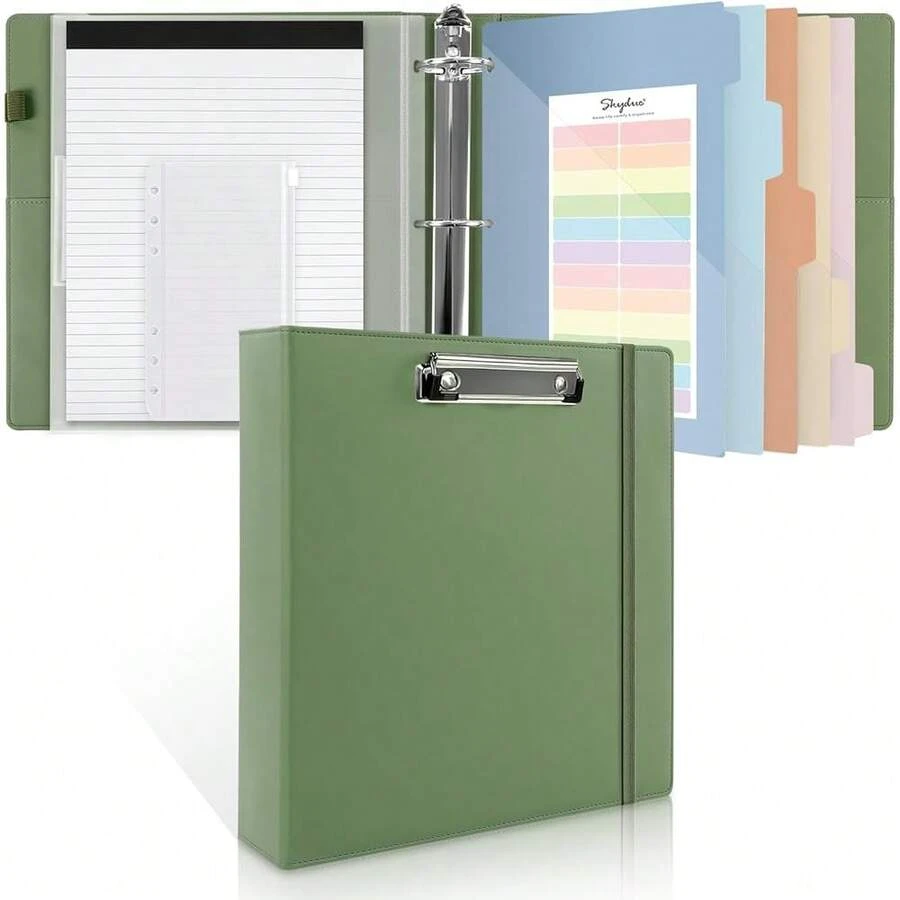 Neww 3 Ring Binder Clipboard, 2 Inch Binder, PU Clipboard Binder Notepad & 5 Dividers 5 Pockets, Labels, Clipboard Folder Great For School Office(Fit Letter Sized Paper) - 橄欖綠字母尺寸 - 2 英寸 - 查看 1