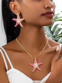 1 Set Fashion Personalized Faux Pearl Starfish Enamel Decor Necklace & Earrings Jewelry Set, Suitable For Women Party, Gathering, Beach Travel, Gift - Jewelry Set - View 15