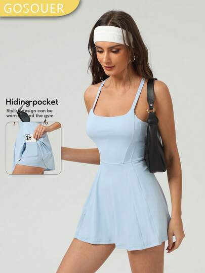 女士防紫外线凉爽吊带交叉露背可拆卸胸垫修身内置短款运动网球和高尔夫女士运动连衣裙