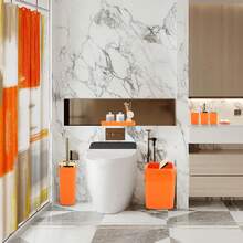 Orange Bathroom Accessories Set, Bathroom Sets With Shower Curtain, Orange Bathroom Accessories With Trash Can, Soap Dispenser, Soap Dish, Toilet Brush Holder, Qtip Holders For Bathroom - Coral Orange - View 2