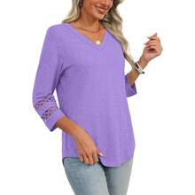 XIEERDUO 3/4 Length Sleeve Womens Tops Dressy Casual Blouses For Women 2025  V Neck T Shirts Summer Clothes - 紫色 - 查看 4