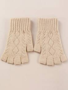 1双女士秋冬针织手套，带保暖内衬，户外保暖露指手套，时尚百搭袖套