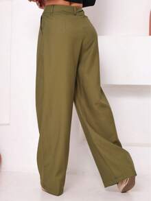 Plain Palazzo Pants With Pockets, Zipper And Buttons - xanh quân đội - Xem 3