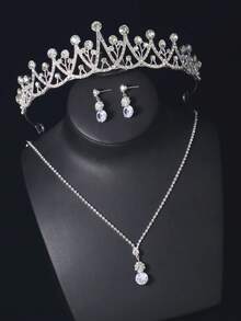 4pcs Jewelry Set For Teenagers, Including Crown, Necklace, Earrings, Suitable For Wedding, Party, Stage Performance, Also Great Birthday Gift For Friends - Silver - View 7