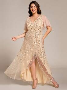 优雅闪亮V领短袖高开衩金色晚礼服、伴娘礼服、派对礼服、新娘母亲礼服 - 金色 - 查看 1