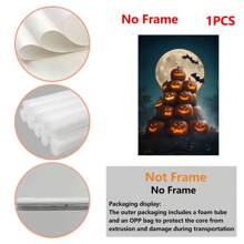 1 Piece, Halloween Pumpkin Pile With Different Expressions, Background With Moon And Bats, Retro Frameless Art Decoration Painting, Printed Poster Mural, Waterproof Canvas, Suitable For Home, Office, Bedroom, Living Room, Study, Bathroom, Bar, Mural And Home Decoration, Is An Ideal Holiday Gift