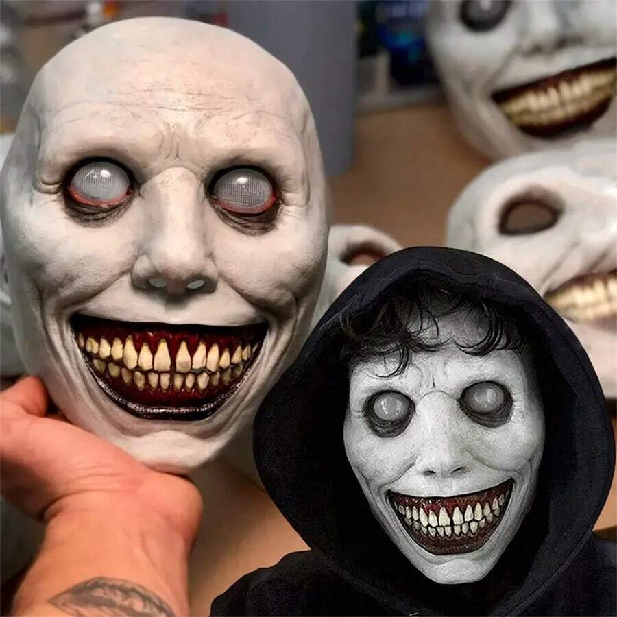 1 pieza Máscara de terror de Halloween, máscara aterradora de mascarada de Halloween, máscara de diablo sonriente, máscara de rostro aterrador y malvado, máscara de látex con ojos blancos espeluznantes para disfraz de Halloween, fiesta de disfraces y actuación