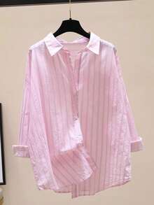 女式条纹休闲办公室优雅纽扣长袖衬衫，春夏 - 玫瑰粉 - 查看 1