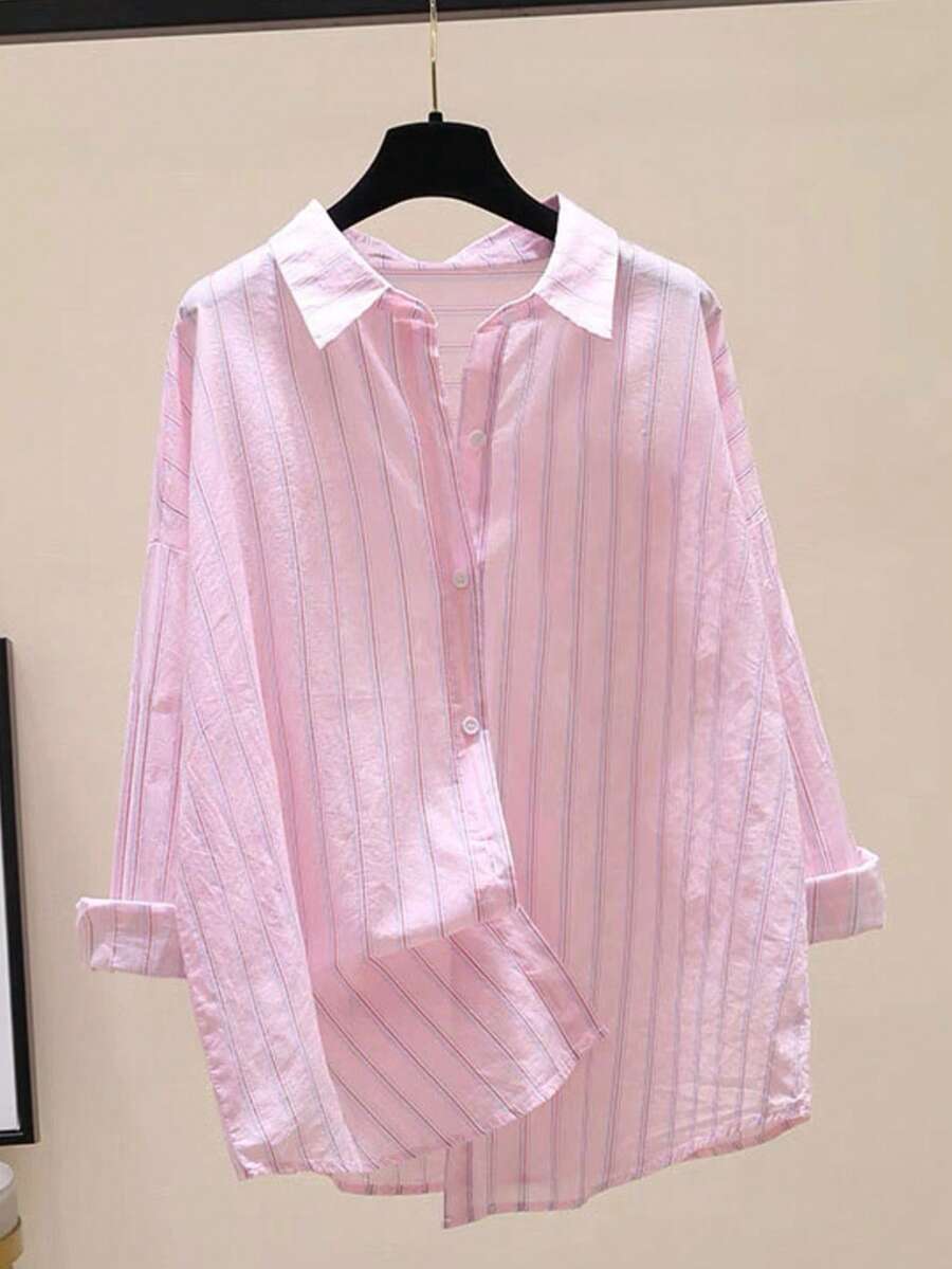 女式条纹休闲办公室优雅纽扣长袖衬衫，春夏 - 玫瑰粉 - 查看 1