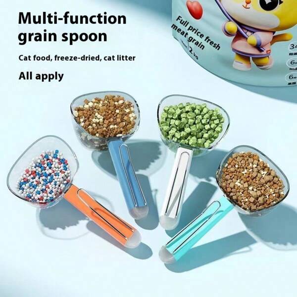 1pc Multi-Function Pet Food Scooper, Stainless Steel Long Handle With Lid And Transparent Measurement Scale