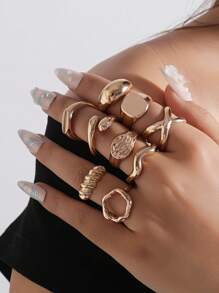 9pcs/Set Geometric Hollow Spiral Design Alloy Rings, Simple Ladies Finger Rings, Suitable For Daily Wear Or Festivals