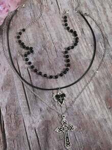 Bộ 3 dây chuyền trái tim hoa ngọc trai đen phong cách Gothic cổ điển, bộ trang sức dây chuyền Y2K dành cho phụ nữ - màu đen - Xem 4