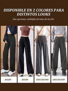 Pantalones anchos de mujer estilo cargo – Pantalón negro de dama de talle alto con bolsillos con solapa – Pantalones acampanados tipo vestir, cómodos y holgados - Gris - Ver 4