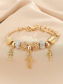 1pc Fashionable Heart, Cross, Floral Beaded Bracelet With Golden Tone Charm Pendant For Women - Yellow Gold - View 3