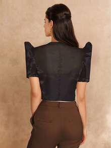 Butterfly Sleeve Philippine Style Women's Elegant Petal Sleeve Sequin Pattern Short Sleeve Blouse - Black - View 2